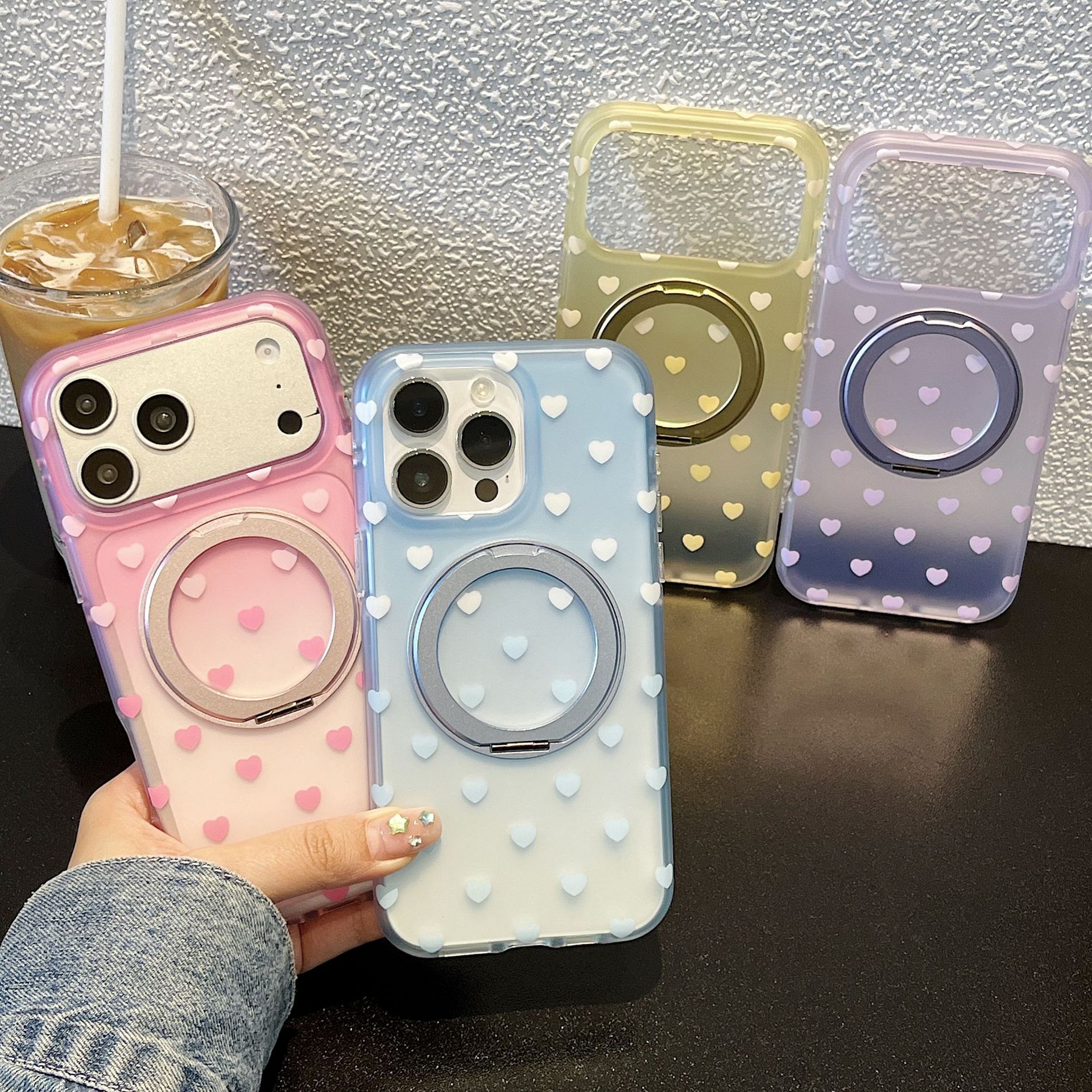 ins Korean-style 360-degree rotating stand with a gradient heart shape, suitable for iphone17promax and iPhone 16 phone cases with a matte texture details Picture