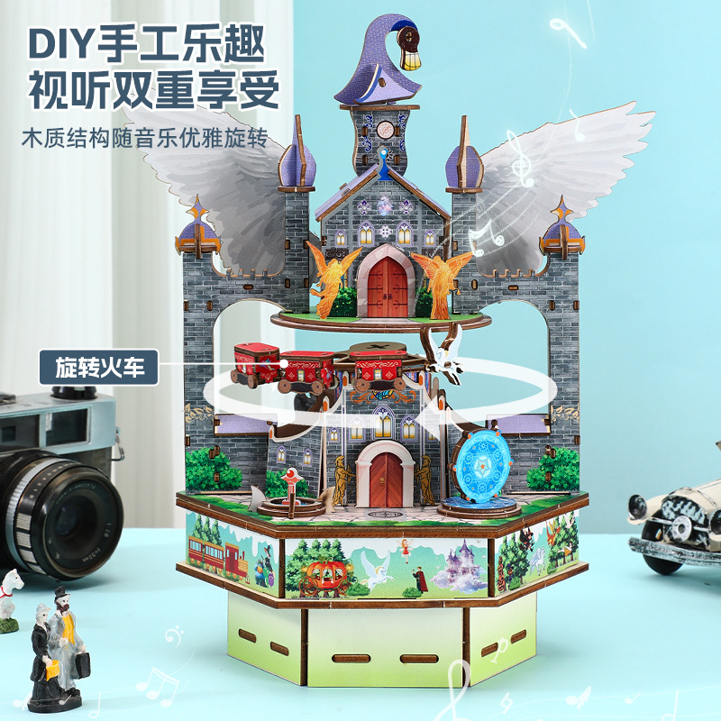 Cross-border new product assembly music box, Dream City, Ice and snow castle, handcrafted music box, building blocks, birthday model ornaments details Picture