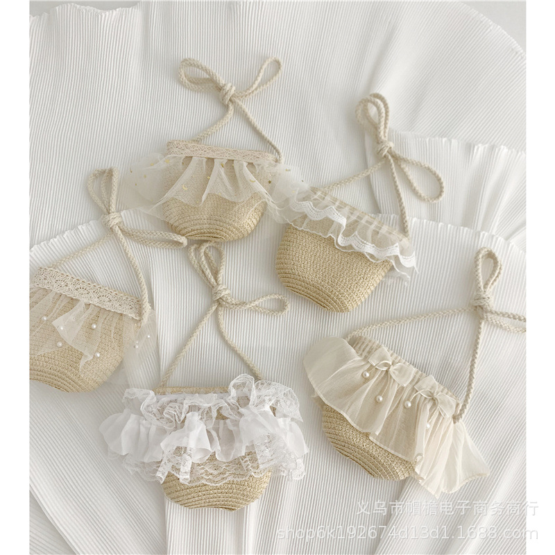 Cross-Border Straw Weaving Bag, Pearl Straw Weaving Mini Crossbody Small Square Bag, Girls' Summer Stylish Outfit, Sweet Lace Princess Bag, Handbag, Hand-Held Bag, Handcrafted Straw Weaving Bag Application Scenario