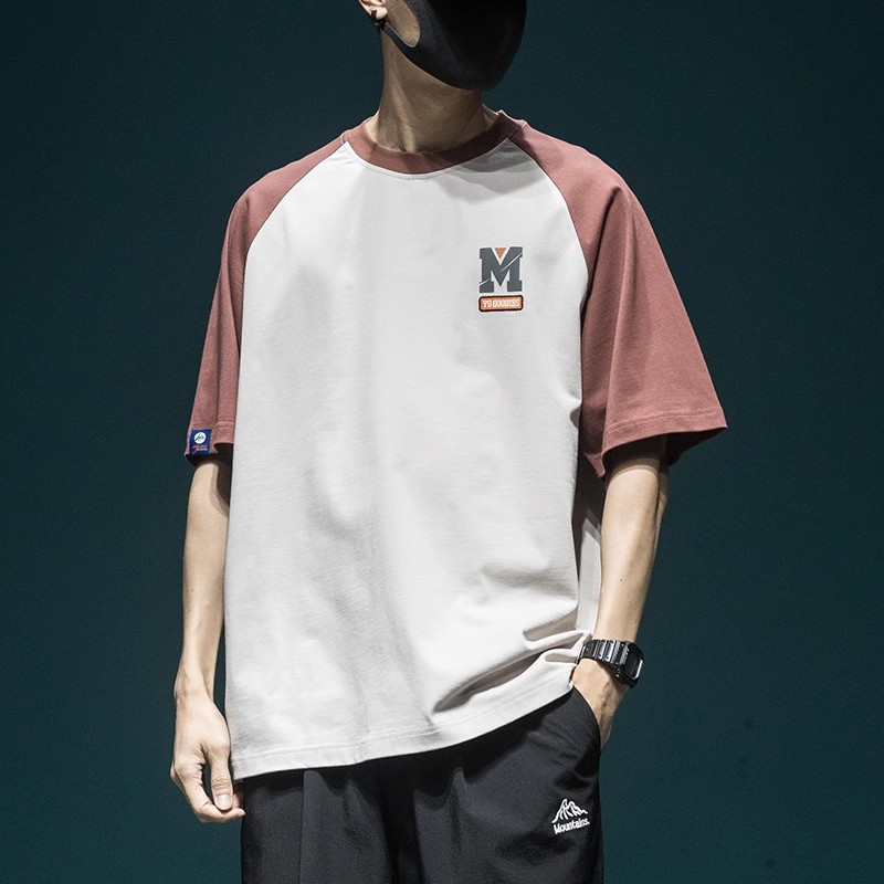 Estilo americano casual manga corta camiseta hombre algodón suelto verano slim body ins marca de moda estilo japonés patchwork media manga top