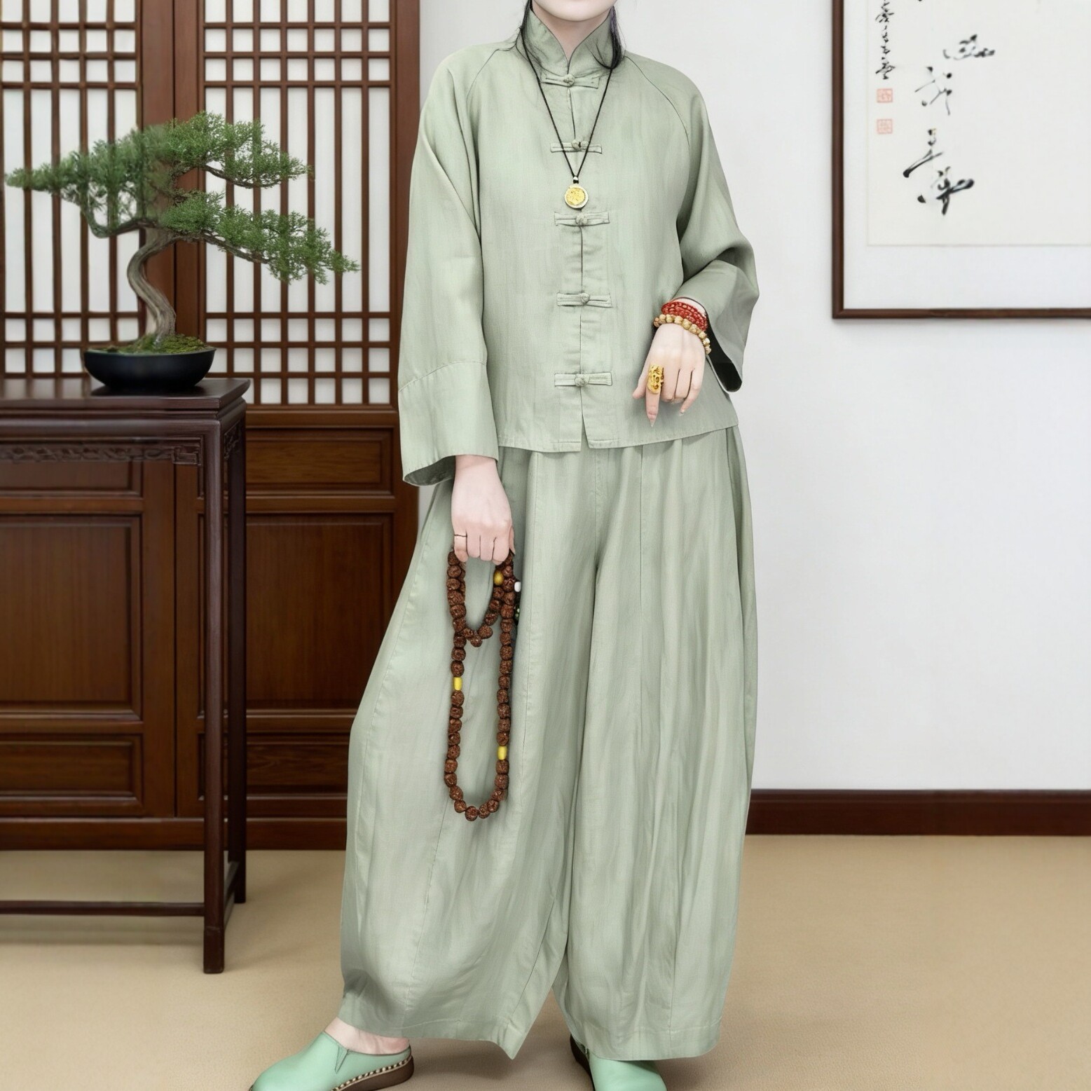 国潮天丝亚麻新中式禅意唐装盘扣国风两件套外套灯笼裤春夏款女套装