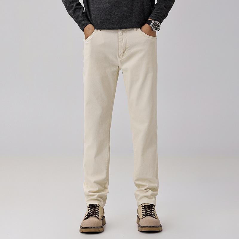 Autumn and winter high-end trendy brand beige beige jeans for men, slim-fit straight leg stretch versatile, light luxury and high-end style pants
