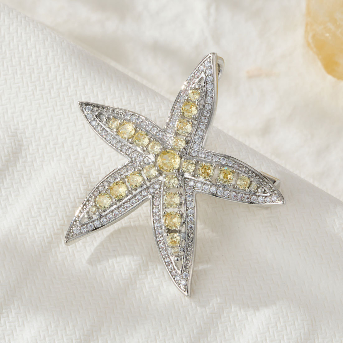 A simple and elegant starfish brooch, made of copper alloy with micro-inlays and zirconium hollowed-out design, is a new versatile brooch for exquisite clothing and accessories Application Scenario