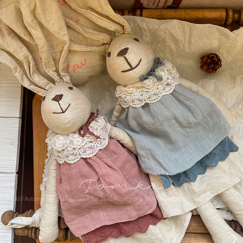 New Korean-style fabric handcrafted cotton and linen rabbit doll lace dress doll, children's soothing toy, home decoration item, women's Pom.kr, retro linen long-eared rabbit doll lace collar dress, two-color style, gentle and charming details Picture