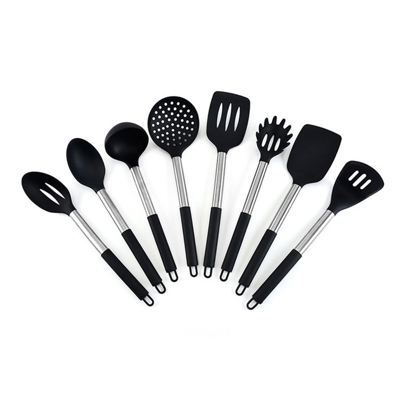 现货硅胶餐具不锈手钢柄带防烫硅胶套厨具套装烹饪汤勺漏勺