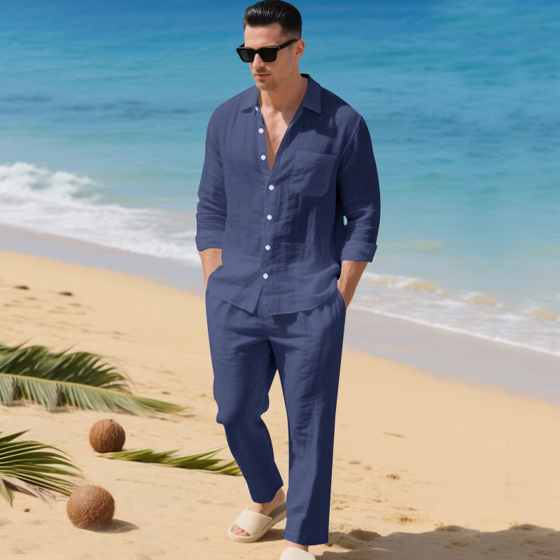 Cross-border European and American men's autumn loose and trendy linen solid color simple lapel long-sleeved shirt beach long pants set details Picture