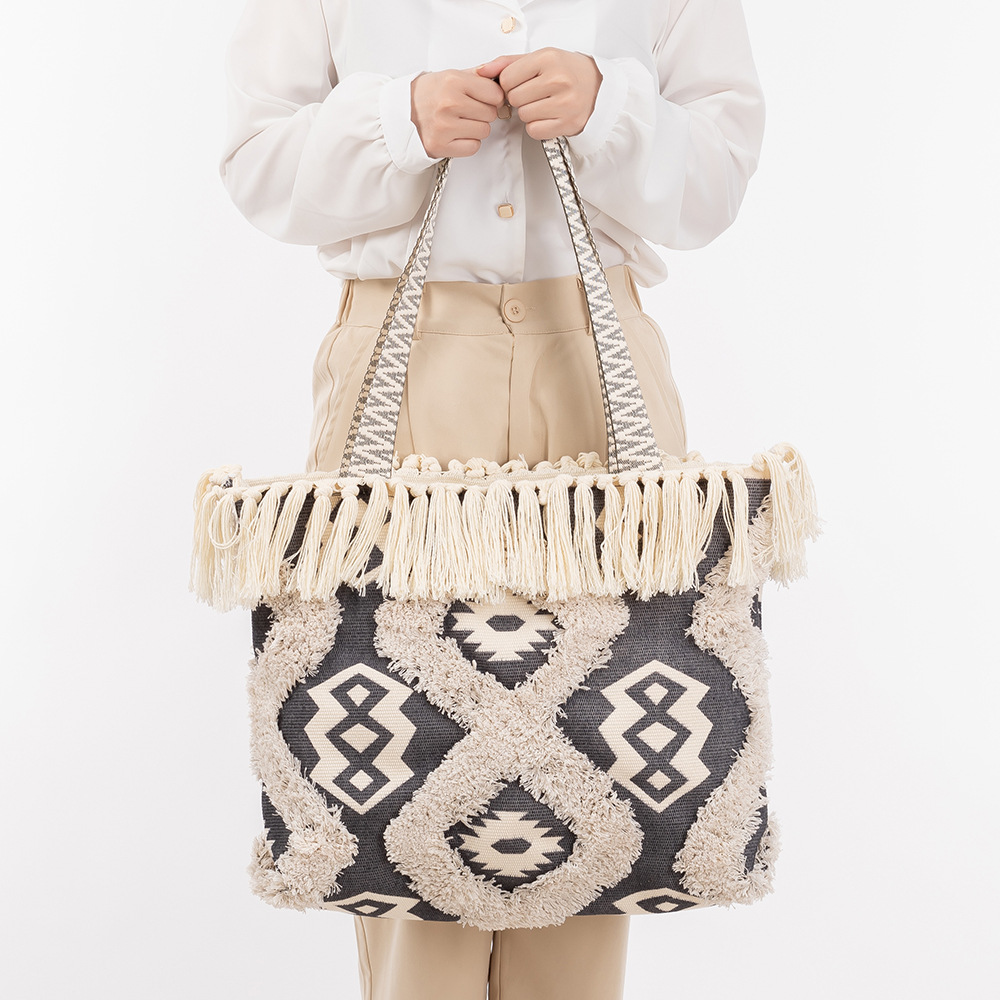 Cross-Border Canvas Bags, Fringed Beach Bags, Seaside Vacation Handbags, Large-Capacity Canvas Bags, Women's Zipper Tote Bags, Women's Canvas Bags