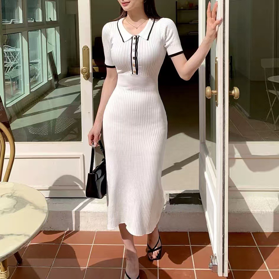 Korean-style chic retro pure charm POLO collar stretch slimming, color-blocking short-sleeved knitted body-hugging dress Application Scenario