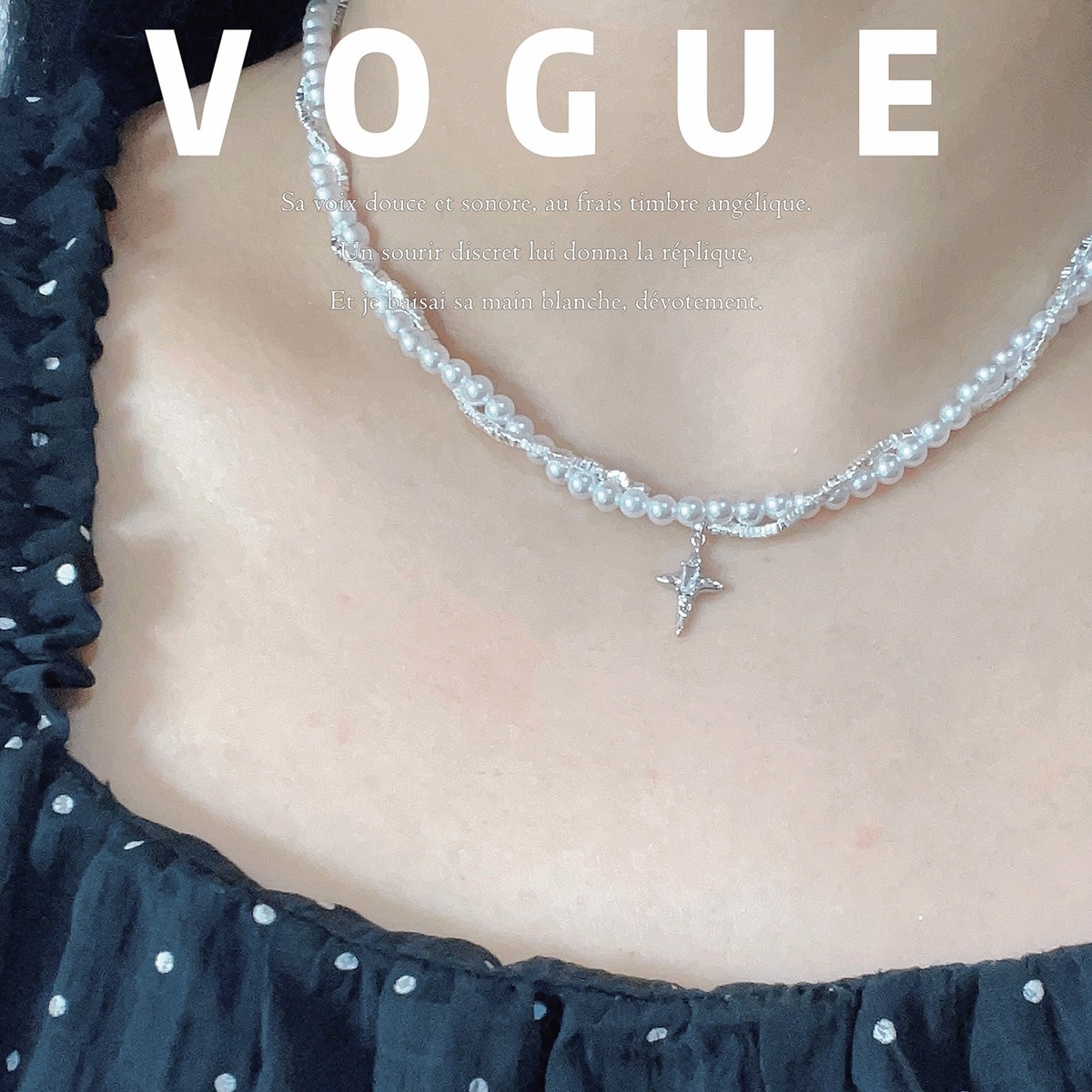 A few pieces of starry pearl silver necklace, four-pointed star collarbone chain, women's niche double-layer design sense, light luxury trend