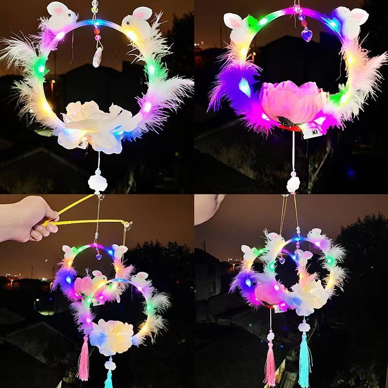 新款提双兔花灯灯笼卡通玉兔公主灯笼地摊儿童发光玩具批发