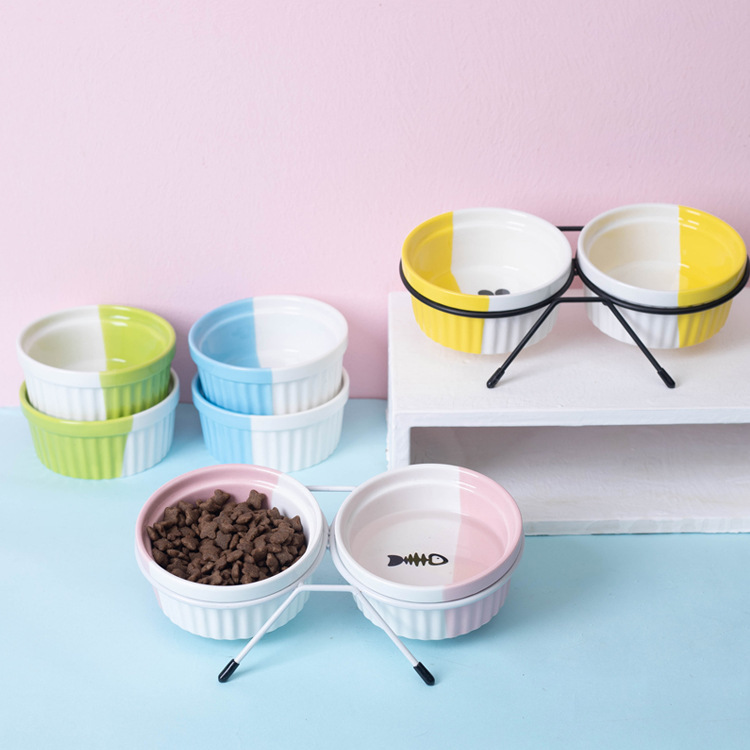 Ceramic double-bowl cat bowl for drinking water, pet cat food, dog and cat food, rice bowl stand, high feet, slanted mouth, neck guard