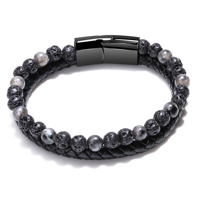 Cross-border simple natural volcanic stone bracelet for men, magnetic clasp woven tiger's eye stone with beads, cowhide rope bracelet accessory Item Picture