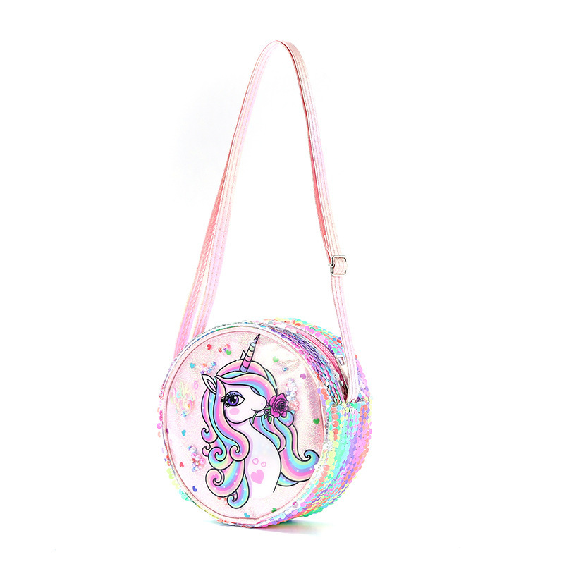 Glitter Rainbow Pink waist bag, Sequined backpack, Unicorn crossbody bag, Children and girls, student single-shoulder bag, Iridery color Item Picture