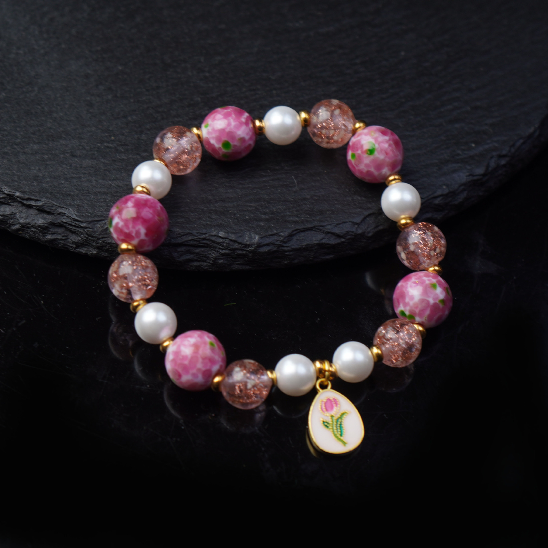 寺庙同款郁金香琉璃手串甜美小清新樱花粉球女珍珠手链串珠饰品