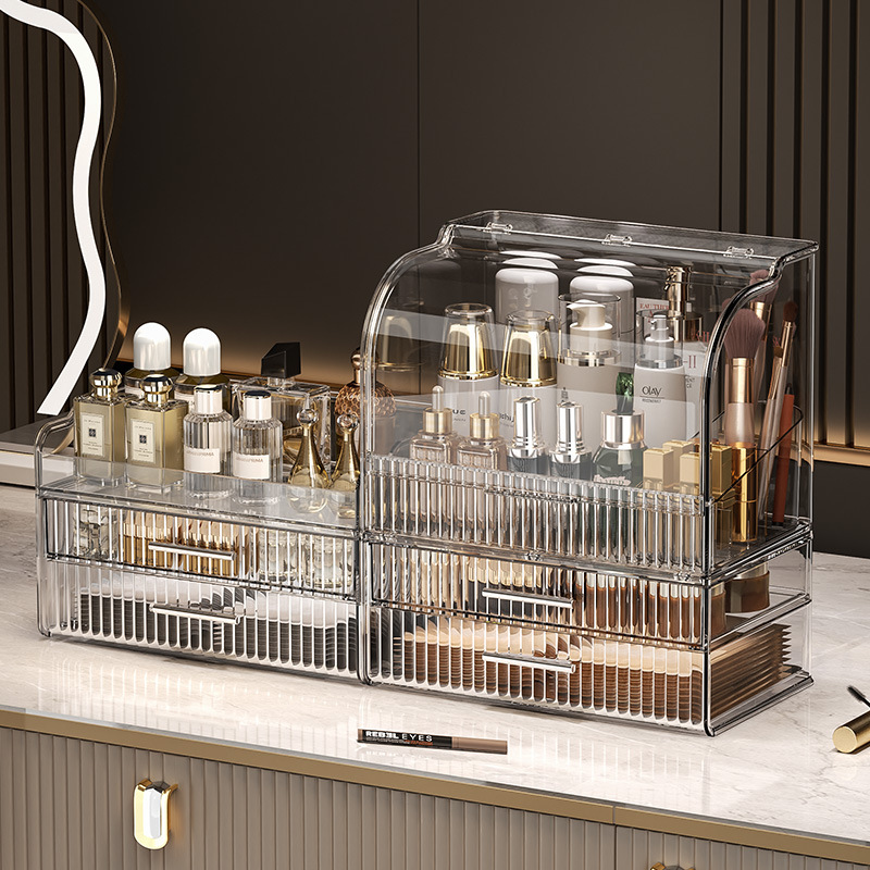 Carefully selected cosmetic storage box with transparent lid, large-capacity desktop shelf, drawer-style dressing table, organizing box Application Scenario