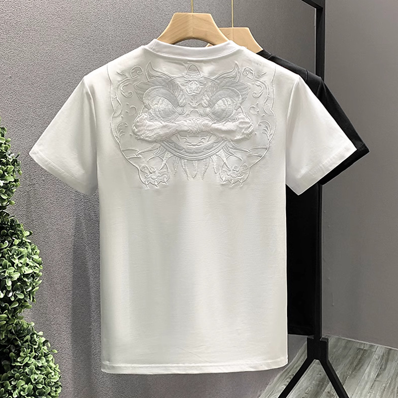 Chinese trend lion dance embroidery short-sleeved T-shirt for men, summer round-neck half-sleeved American retro loose casual top T-shirt