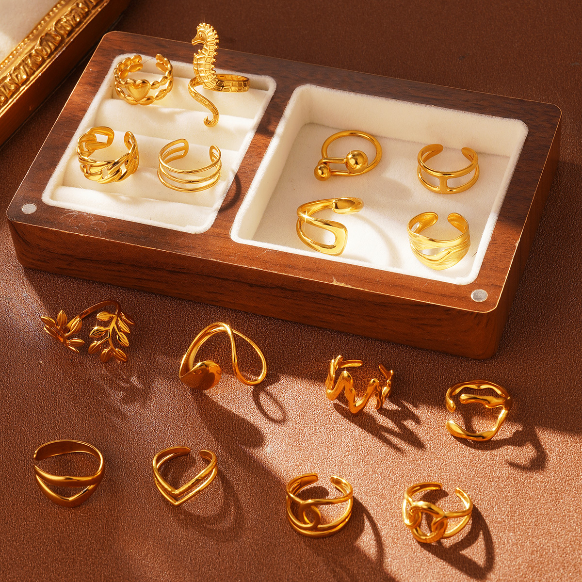 Wholesale of fashionable and versatile titanium steel, stainless steel leaf oval lines, niche and light luxury, adjustable opening rings