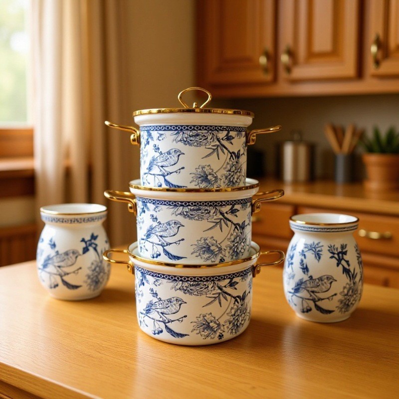 2025新款青鸟花20-22-24CM搪瓷金色包边搪瓷烧锅三件套五件套家用