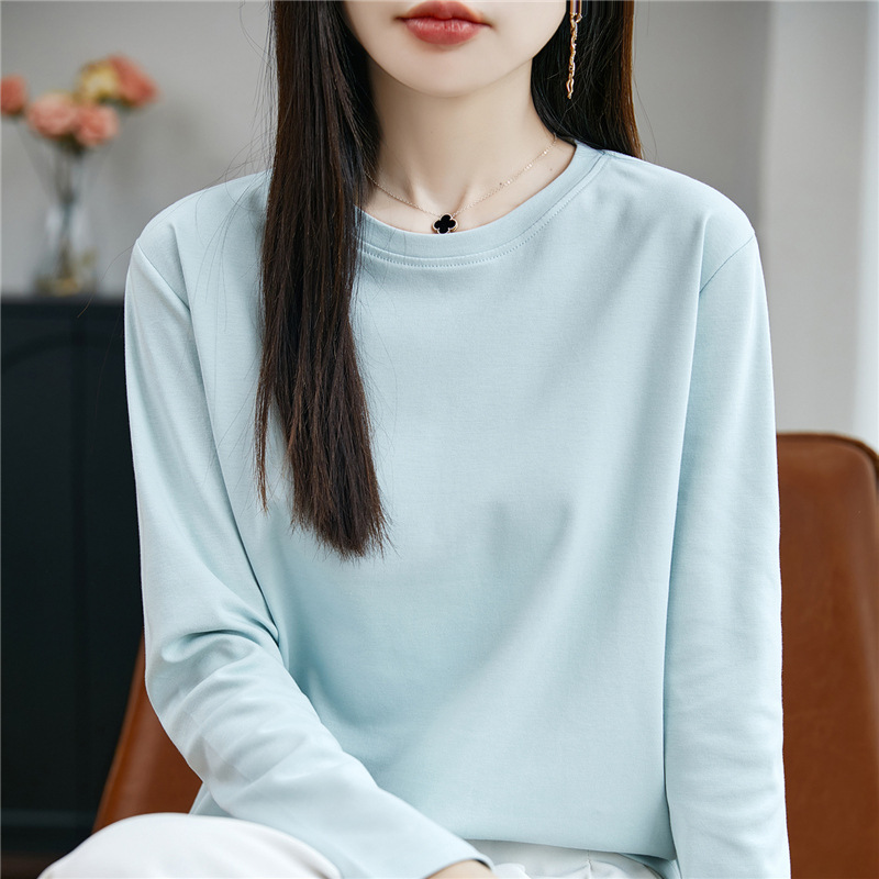 Spring and summer mercerized cotton long-sleeved T-shirt, women's round-neck pullover, pure cotton base layer, loose, casual and versatile top details Picture