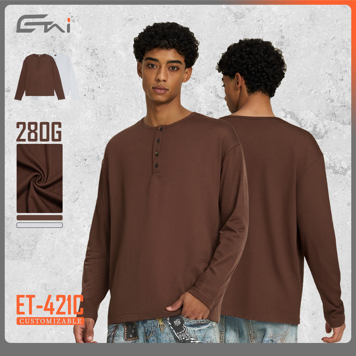 ETAI men's Spring and autumn long-sleeved solid-color Henry T-shirt for men, simple and casual, loose, round-neck innerwear as a base layer