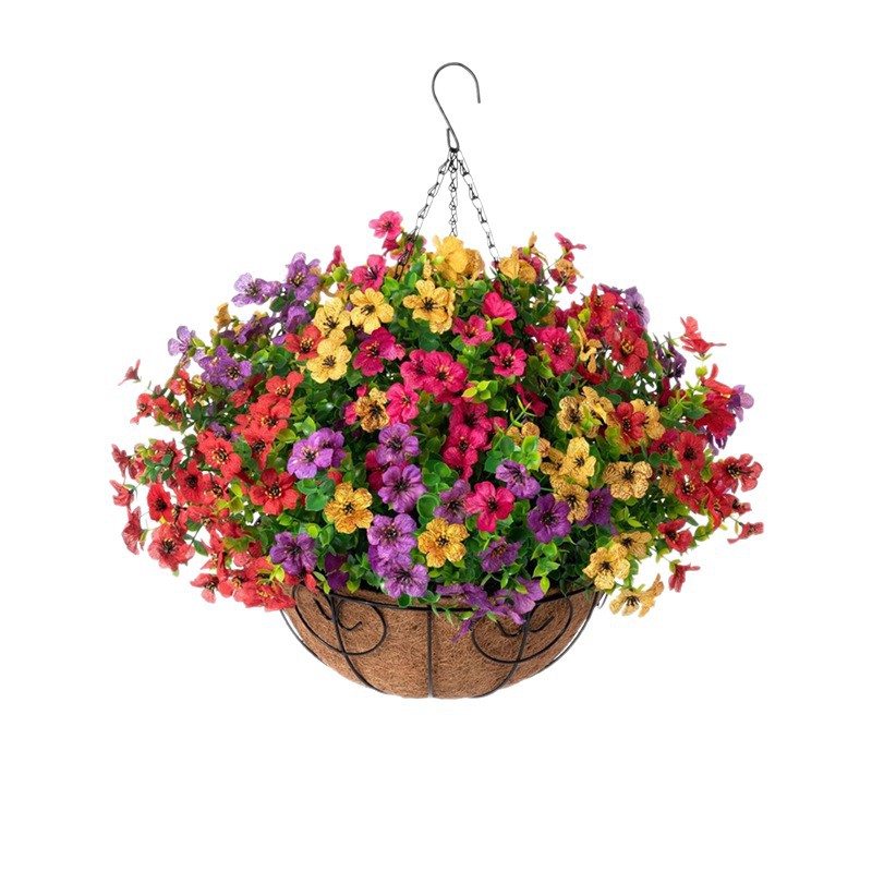 仿真紫罗兰假花铁架椰棕吊篮春夏季户外园艺装饰圆形挂篮吊盆白底实物图