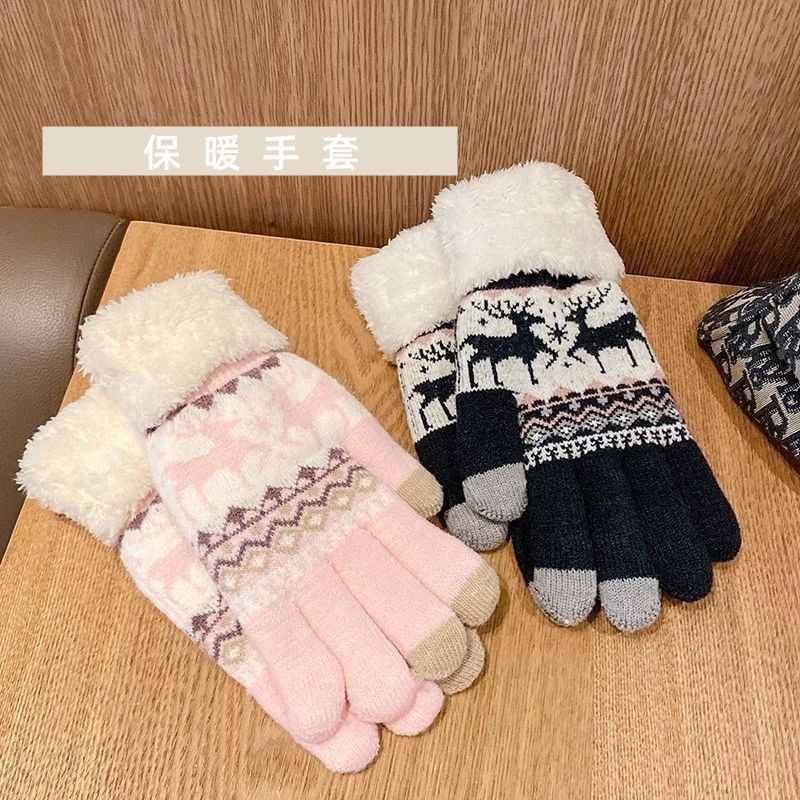 Chunda cross border fawl warm knit guantes para mujeres otoño invierno más peludo y engrosado doble capa cinco dedos pantalla táctil guantes Specification image