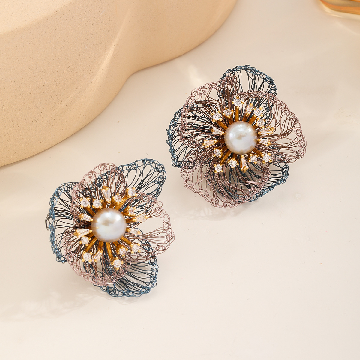 Nasha handcrafted copper wire woven heavy industry flower-like earrings, light luxury and high-end new Chinese style earrings for women details Picture
