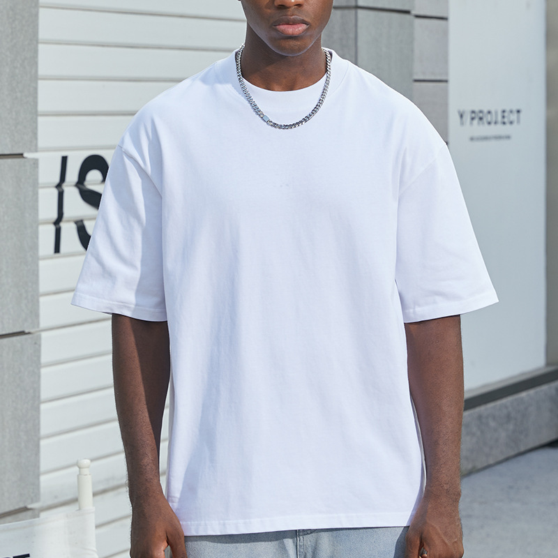 European size oversized off-the-shoulder solid color American heavyweight small collar T-shirt hip-hop pure cotton short-sleeved loose T-shirt Application Scenario