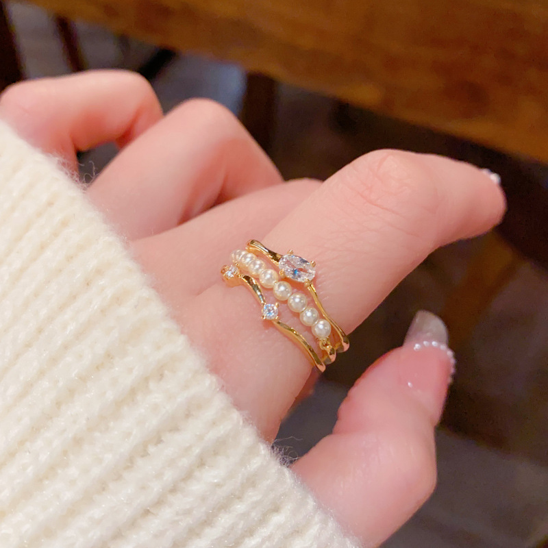 Wholesale of multi-layer pearl zircon open ring with a fashionable design sense from Japan and South Korea, elegant and lightweight luxury, versatile and high-end index finger ring Specification image