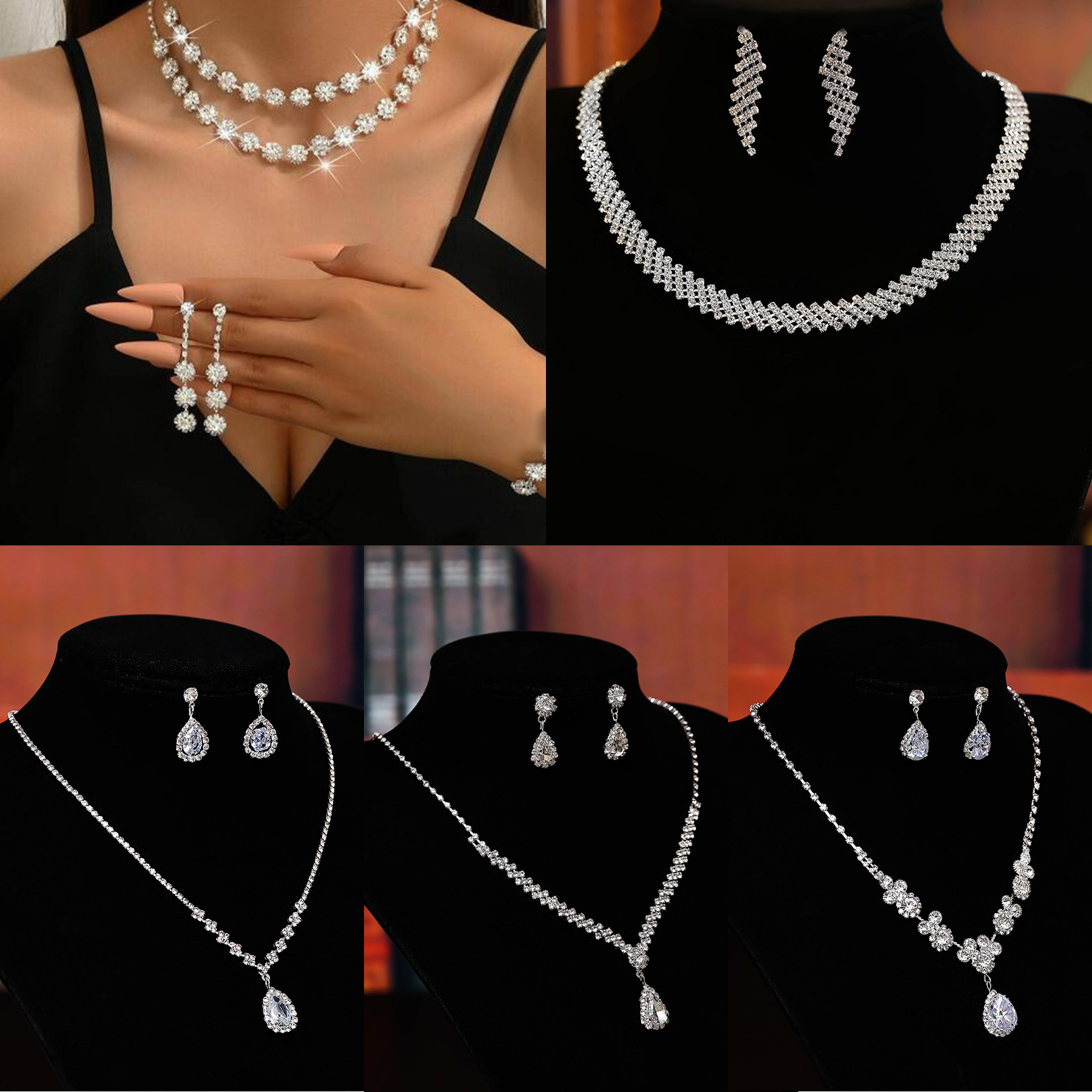 European and American cross-border bestseller earrings and jewelry sets for brides, wedding parties and banquets, rhinestones, necklaces and earrings