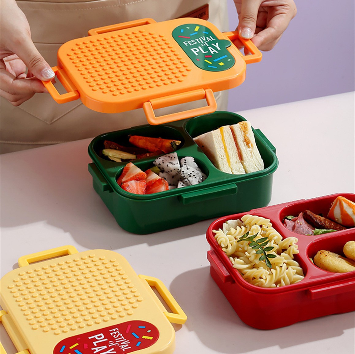 Cross-border cartoon independent sealed building block plastic lunch box, children's portable fruit compartments bento box with folding spoon details Picture