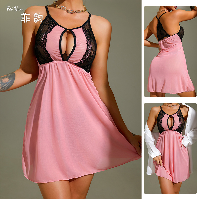 Feiyun Cross-border Sexy Mesh see-through Seductive Lingerie Sweet Lace Patchwork Backless Halter Sleeping Dress 092 full figure