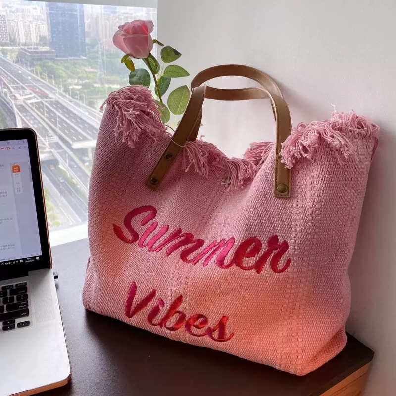 Cross-border straw woven bags, summer fresh large-capacity bags, canvas bags, embroidered letter tote bags, handbags, women's bags, woven beach bags, single-shoulder bags, straw woven bags Specification image