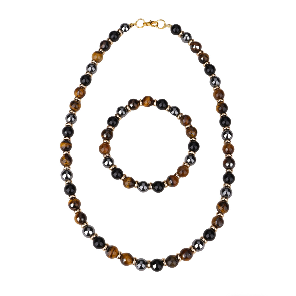 Retro light luxury tiger's eye stone agate necklace and bracelet, Melade-style natural stone spliced commuting all-purpose jewelry set