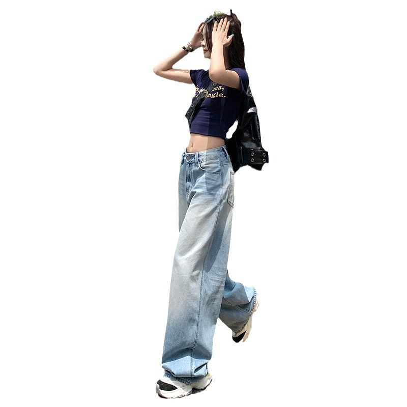 Light blue jeans, women's washable retro straight-leg pants, women's summer design sense wide-leg pants, long pants, loose floor-length pants Item Picture
