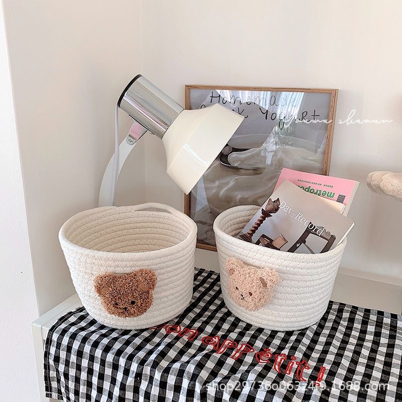 Ins-style cotton rope storage basket, woven bear desktop storage box, miscellaneous items, hair clips, hair bands, makeup brush storage basket details Picture
