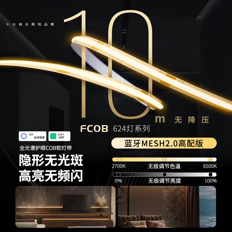 The smart cob light strip with dual-color temperature and voice stepless dimming for the living room has been connected to the mobile APP, featuring a double-eyelid linear ceiling light Specification image