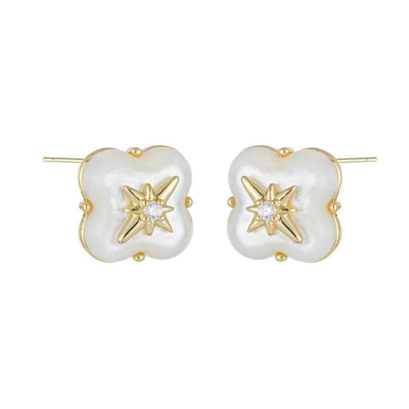 Light luxury and high-end feel, mother-of-pearl eight-pointed star four-leaf clover ear studs, copper alloy, real gold electroplated, s925 silver needle, versatile earrings Item Picture