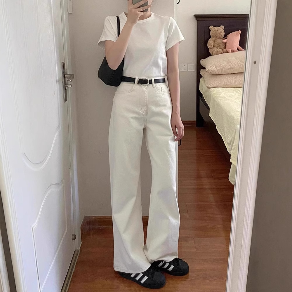 The popular white jeans for women in the online supermarket, wide-leg loose, 2025 new style for petite, narrow, straight-leg pants, summer