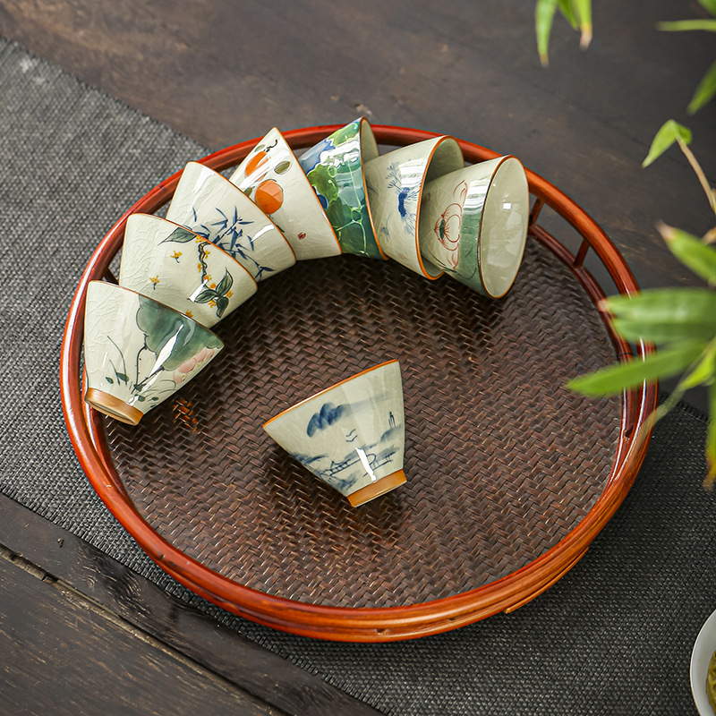 哥窑手绘荷花斗笠杯品茗杯开片陶瓷功夫茶杯釉下彩主人杯单 杯斗