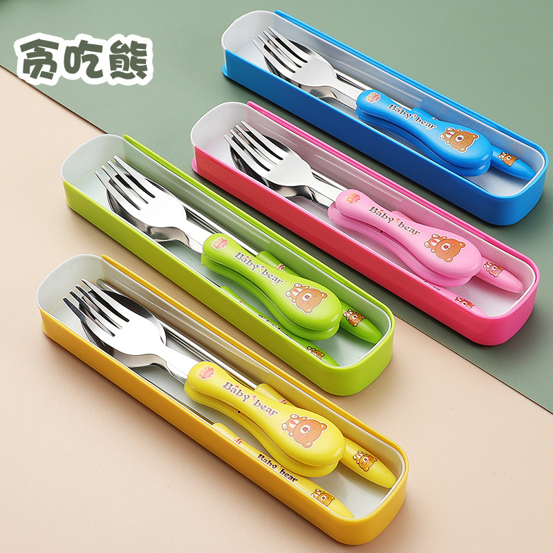 Greedy Bear Stainless Steel portable tableware, cute cartoon student, children outdoor travel spoon, fork, chopsticks and knife set