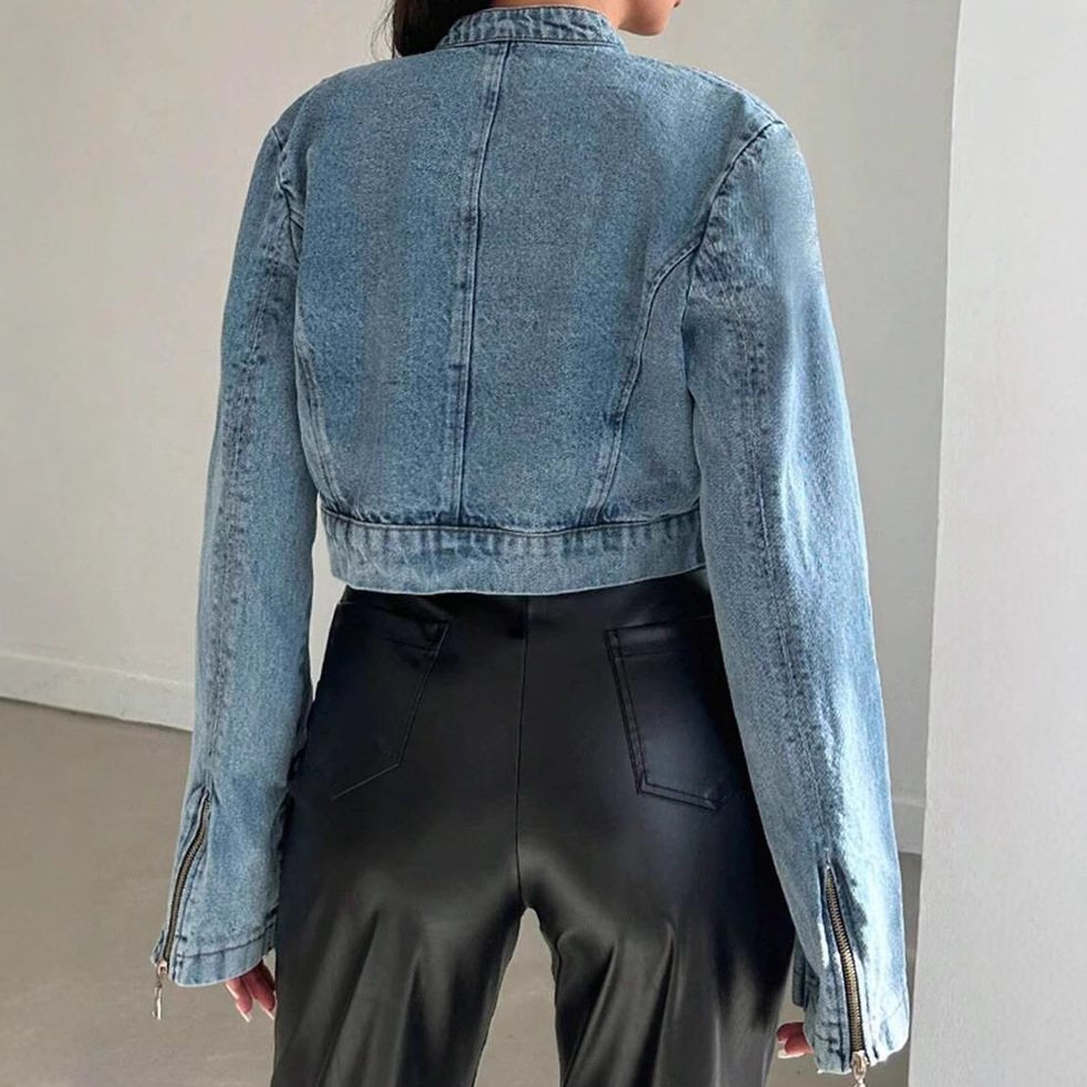 Cross-border European and American fashion design sense denim jacket for women, short denim jacket with zipper details Picture