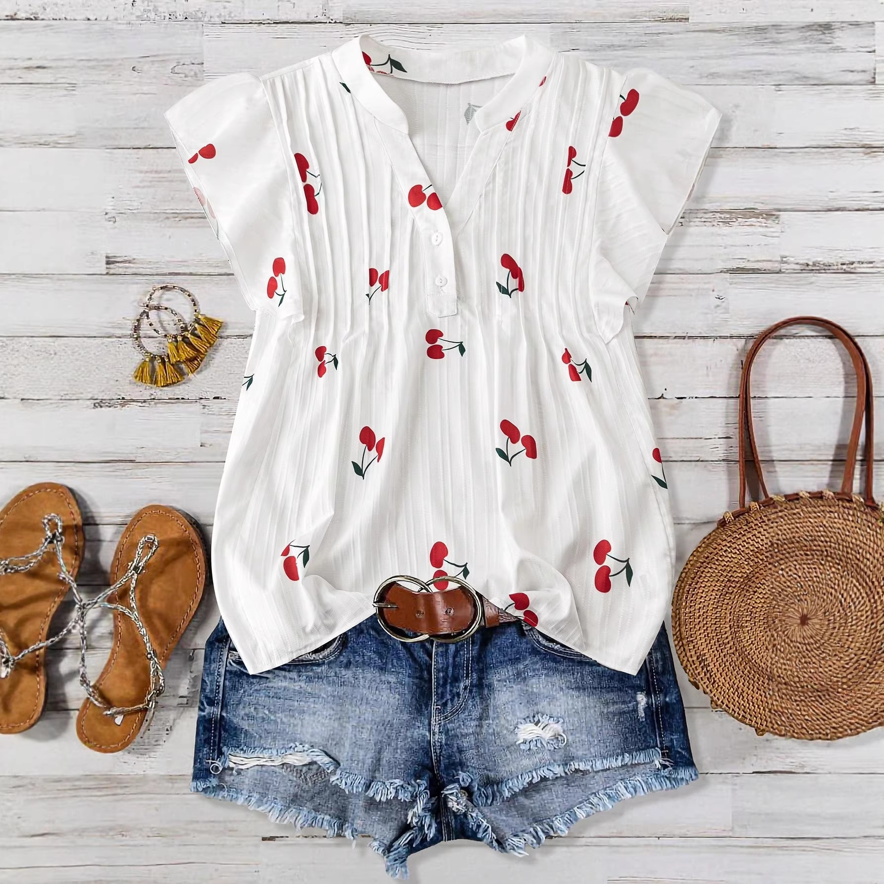 2026 European and American women's summer fruit-printed sleeveless ruffled cuffs simple, fresh and fashionable women's shirt full figure