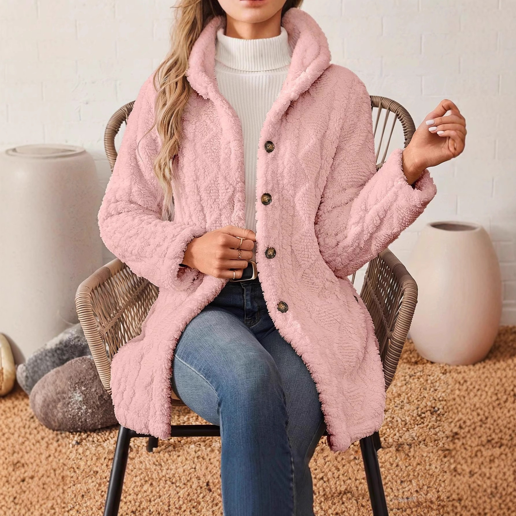 2025 Cross-border new style European and American button front hooded jacket Teddy casual warm long jacket Specification image