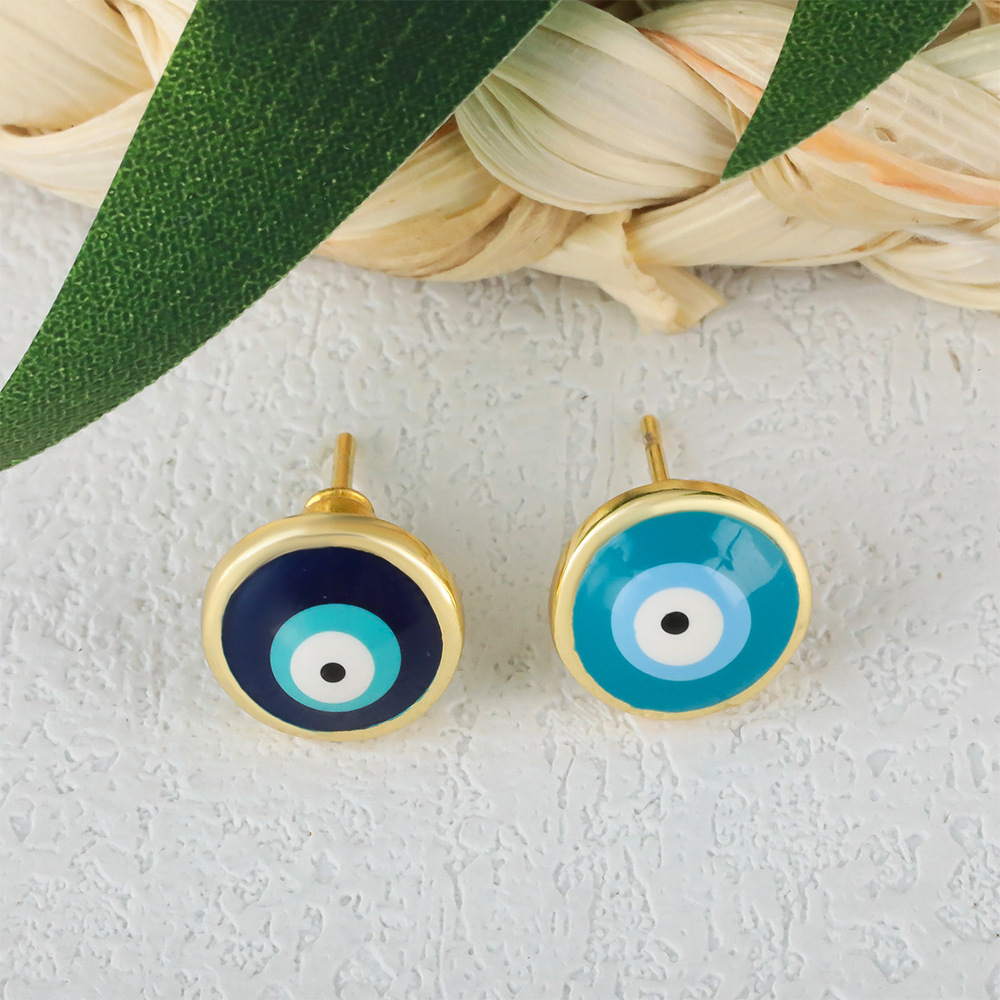 Honglu Cross-border Fashion copper-plated real gold personalized design eye earrings Simple style Oil Drip Devil Eye Stud earrings for women Specification image