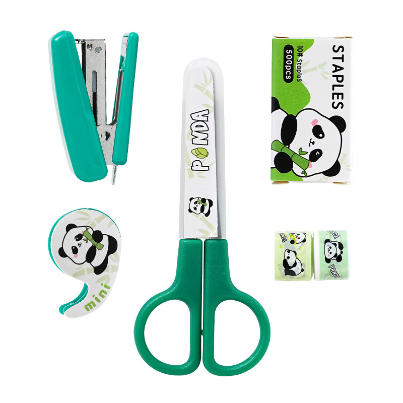 Little Panda Cartoon No. 10 Stapler, Scissors, tape set, stationery set, high appearance level children's gift for students Item Picture