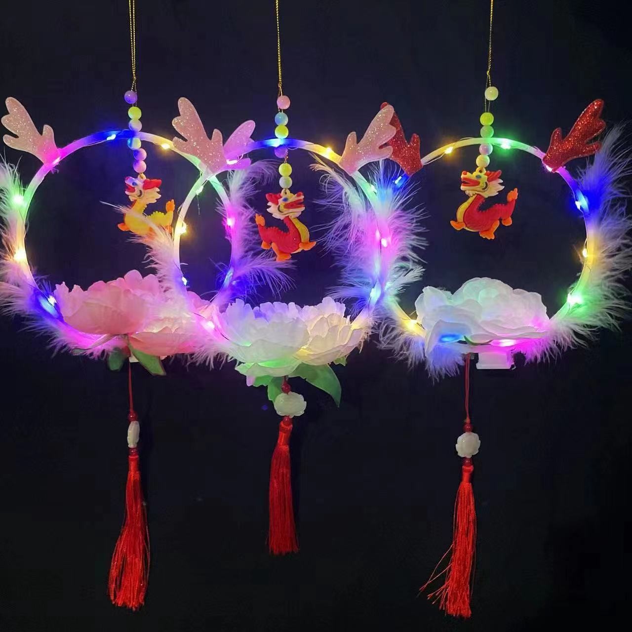 Glittering dragon flower lanterns, hand-held luminous dragon lanterns, New Year toys, New Year decorations, ancient-style dragon horn lanterns, wholesale at street stalls details Picture