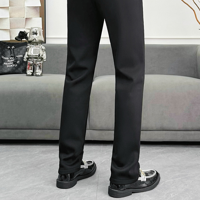 Winter men's trousers with high elasticity and fleece, middle-aged drape, business dad high-waisted long pants, casual and versatile Specification image