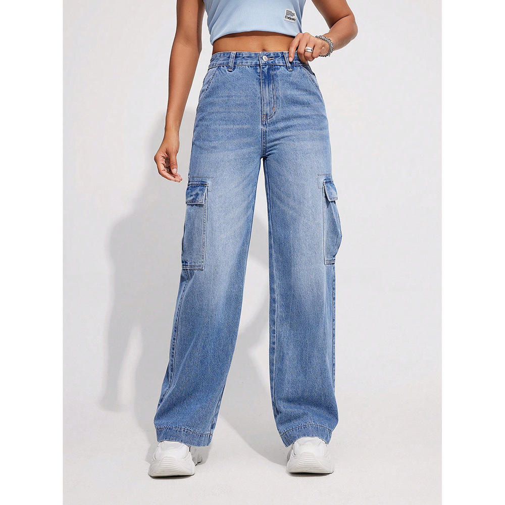 Wholesale cross-border European and American style flip-top large pocket work jeans for women, loose and casual straight-leg versatile long pants details Picture