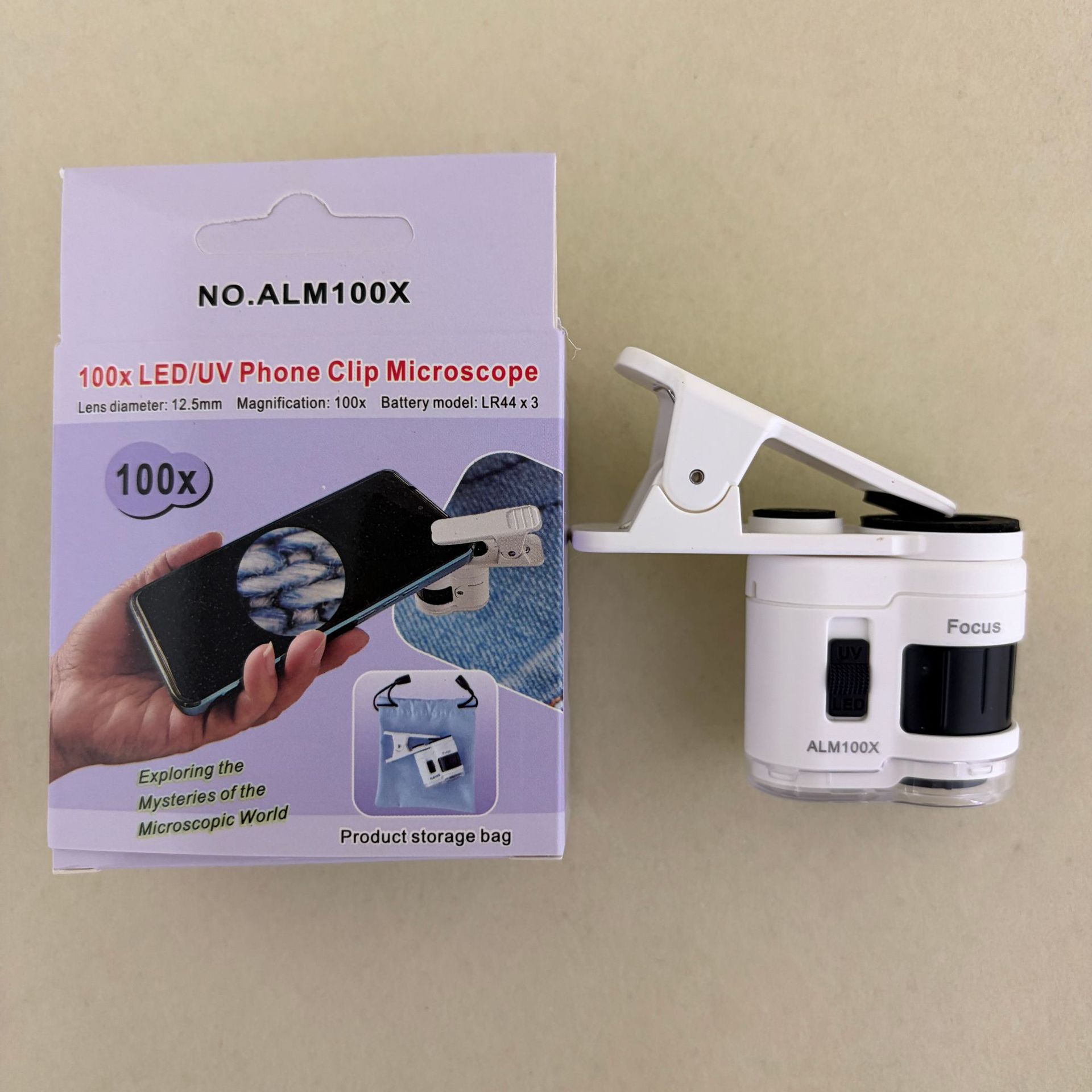 New 100x portable mini microscope with phone holder magnifying glass for jade calligraphy and painting appraisal, equipped with LED ultraviolet light details Picture